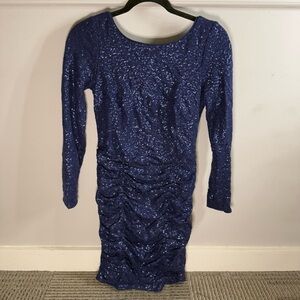 Aidan Mattox Navy Sequin Rouched Detail Low Back Long Sleeve Dress